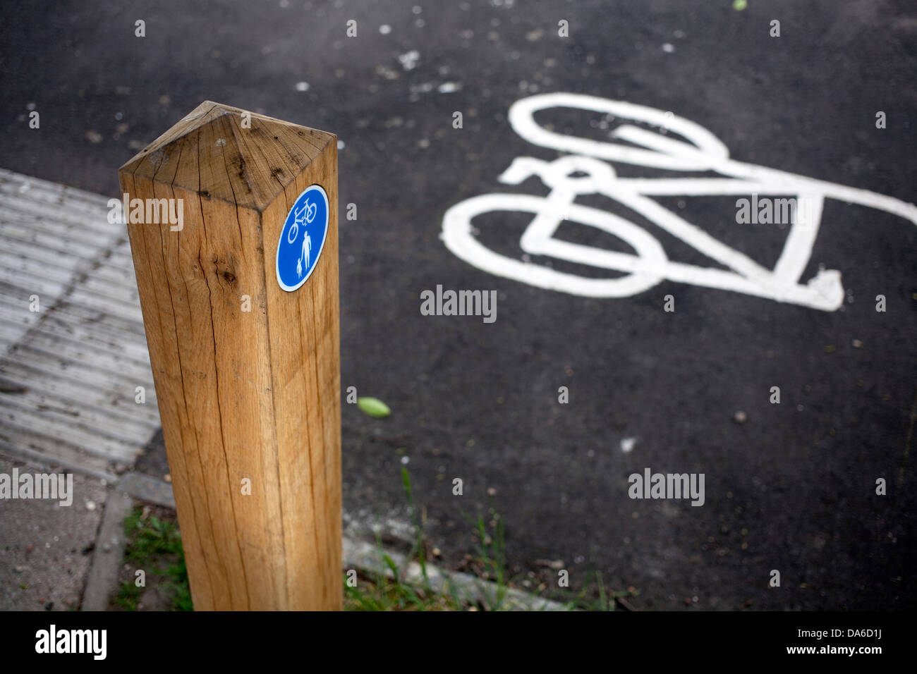 Poster avec sentier pédestre et cyclable bleu signe avec le symbole du cycle peint en blanc sur le macadam sentier derrière Banque D'Images