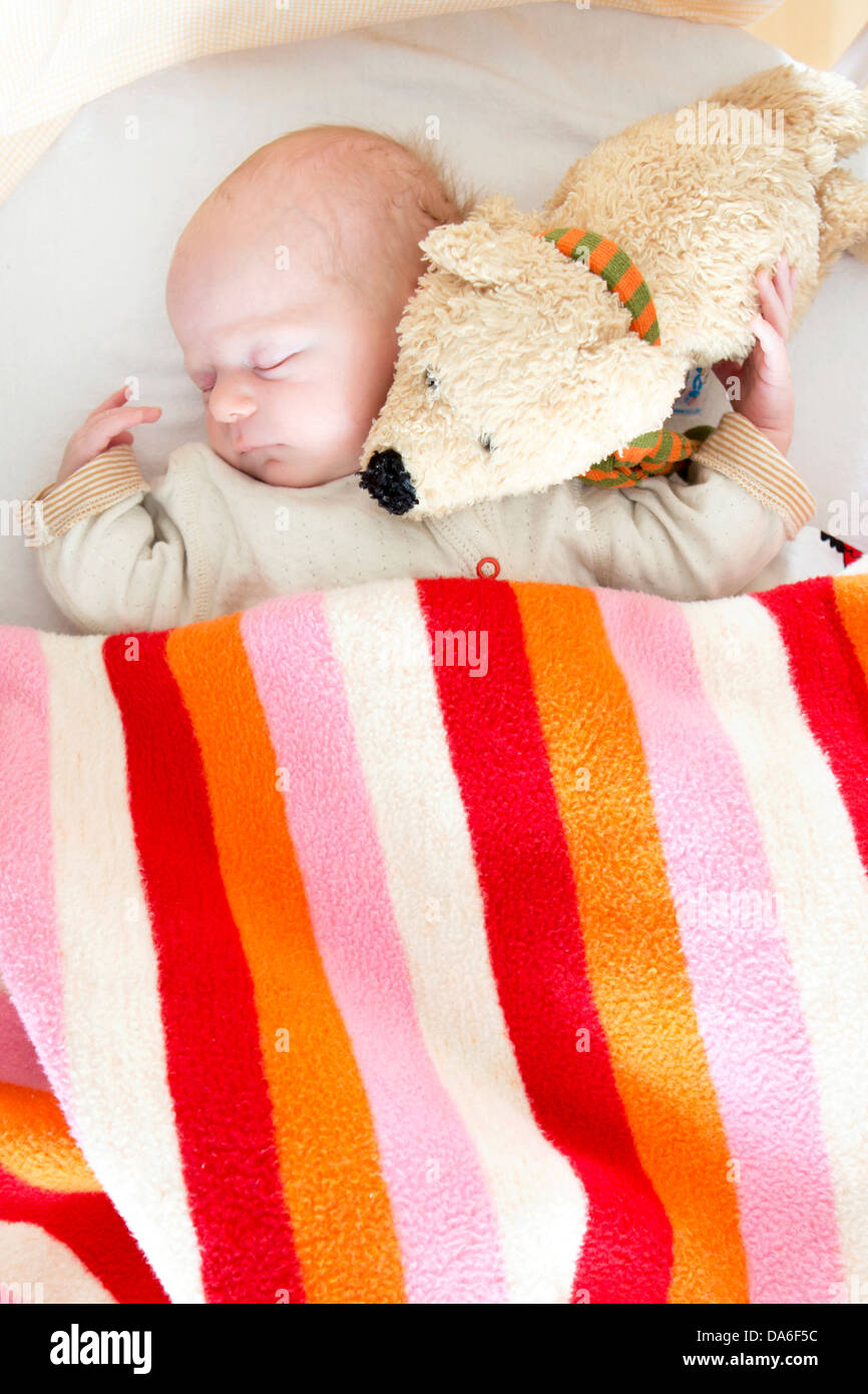 Bébé, 2 mois, s'endormir avec un jouet en peluche Banque D'Images