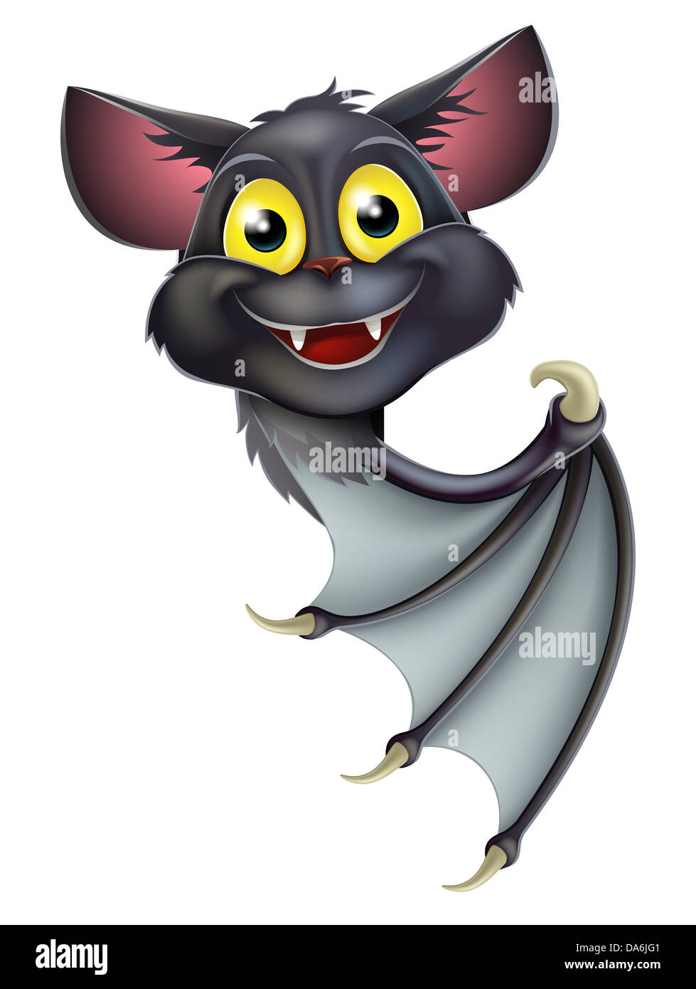 Une bonne caricature bat noir, peut-être une chauve-souris vampire Halloween, peeking autour d'une bannière et de pointage Banque D'Images