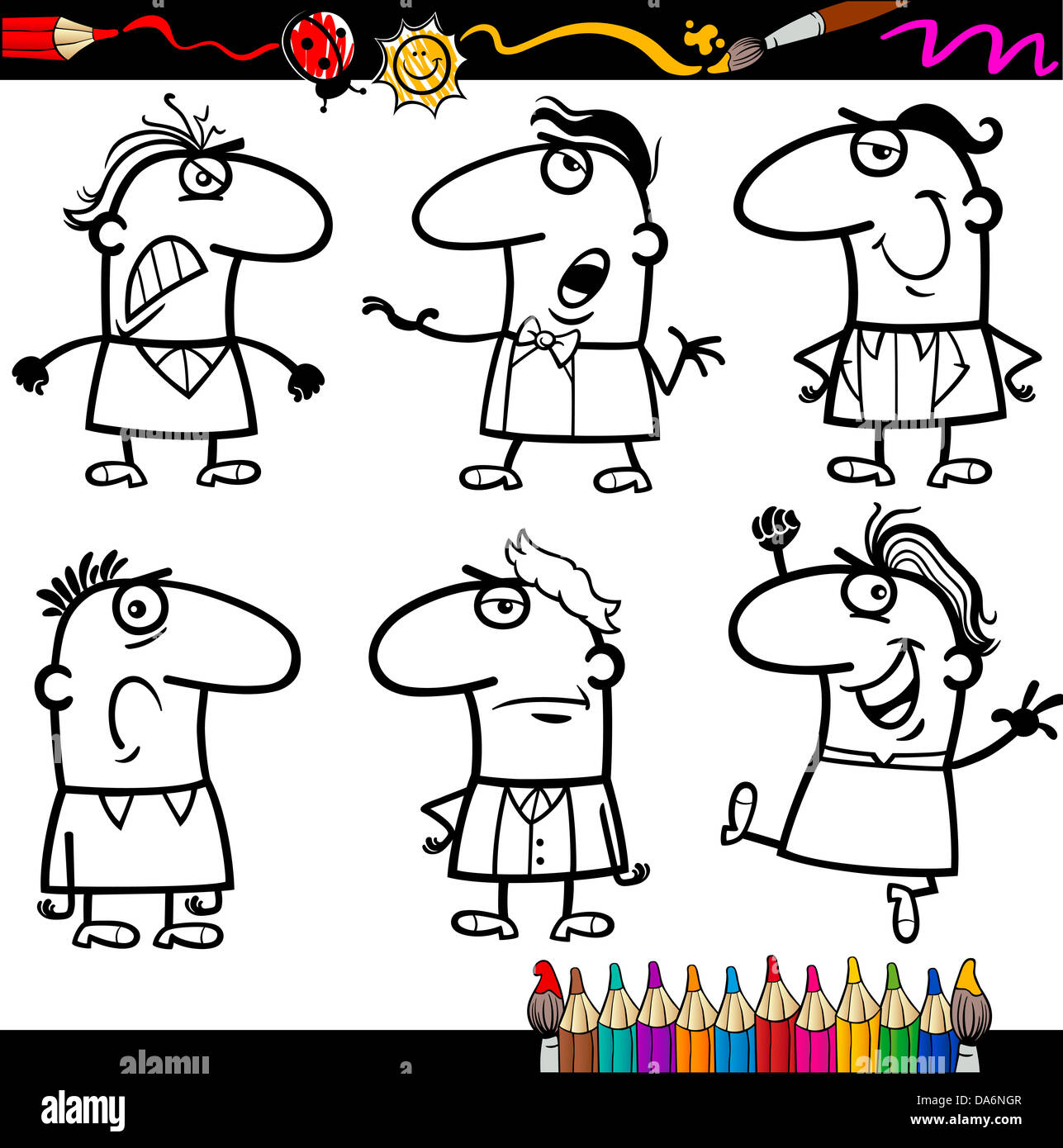 Livre de coloriage ou une page de bande dessinée de vulgarisation du noir et blanc Funny People les émotions ou les expressions des personnages de bande dessinée mis Banque D'Images