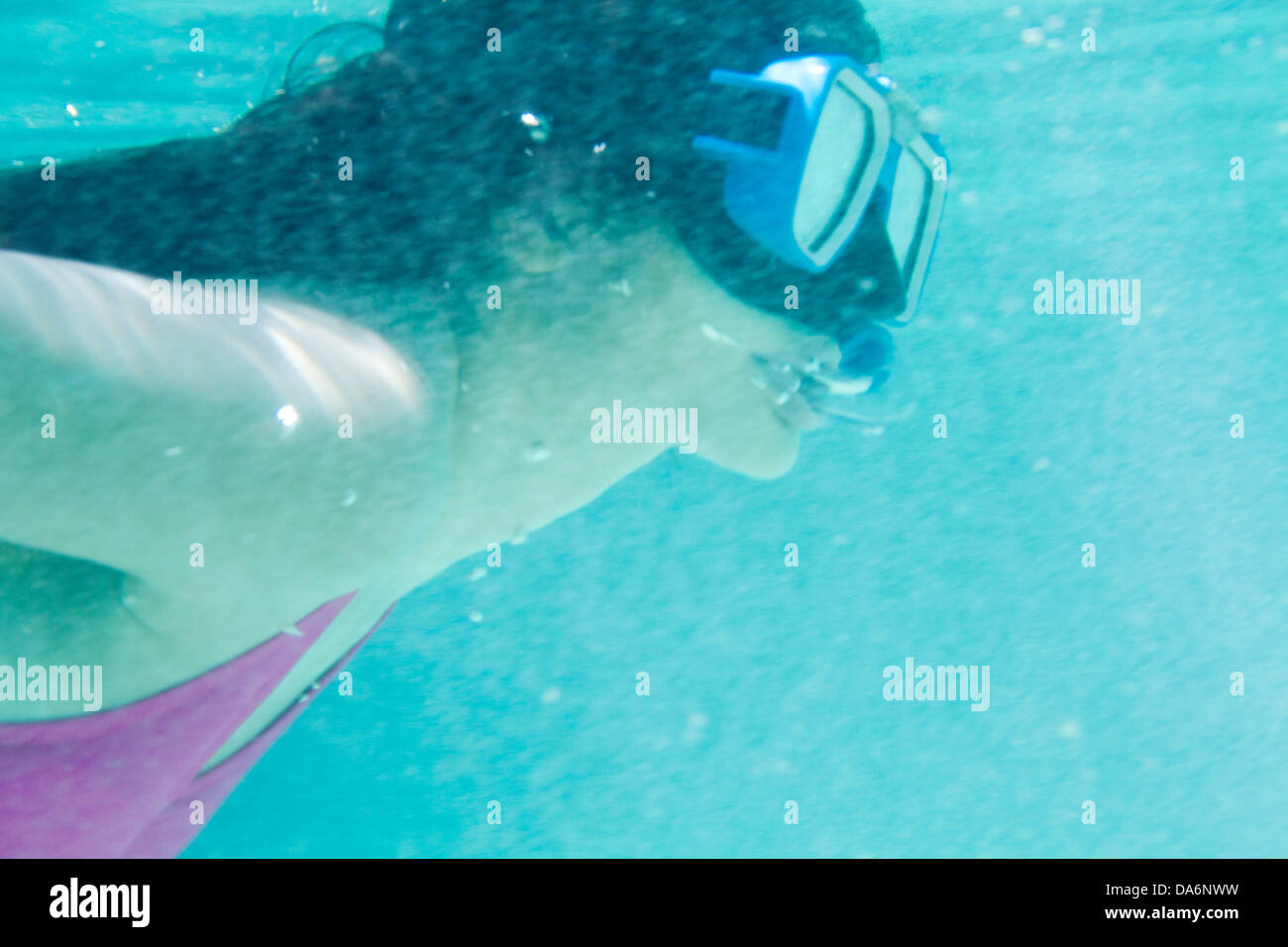 Une femme plongée sous-marine. Banque D'Images