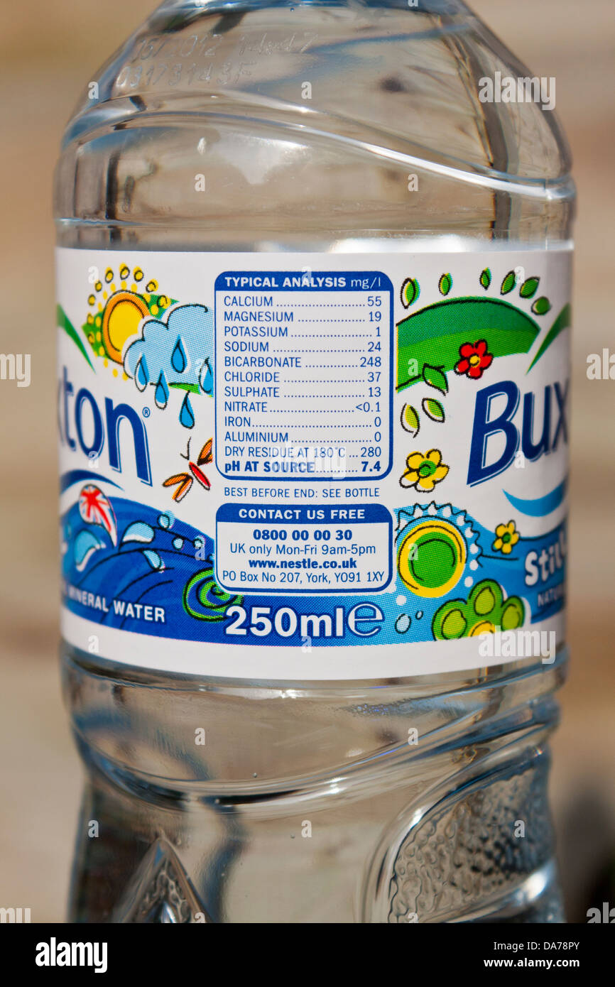 Close-up d'une étiquette sur une bouteille d'eau minérale, l'inscription de  l'analyse chimique typique du contenu Photo Stock - Alamy