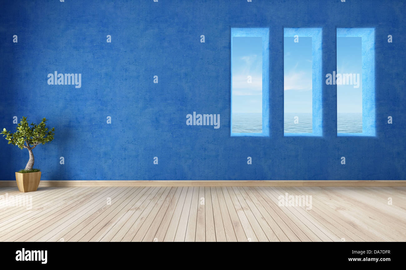 Chambre bleue vide d'une maison de la mer - rendering Banque D'Images