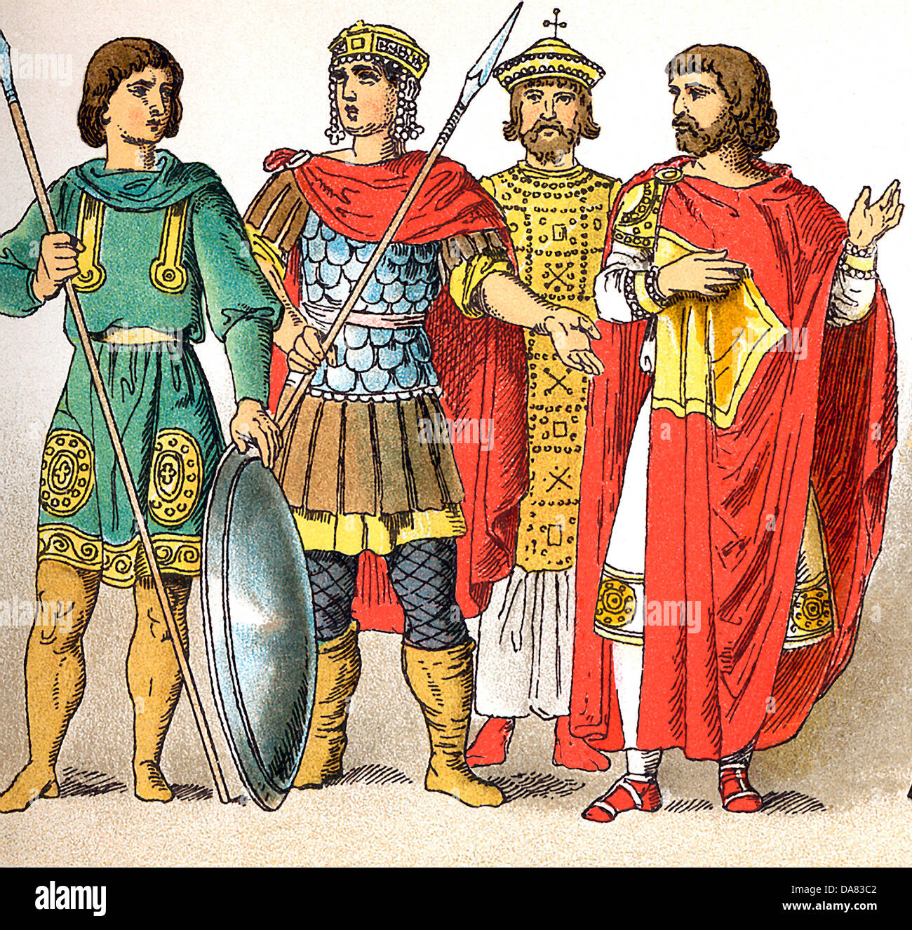 Les chiffres représentent les deux guerriers byzantine (A.D. 800), l'empereur Nicéphore I (A.D. 811), et un homme de noble rang. Banque D'Images