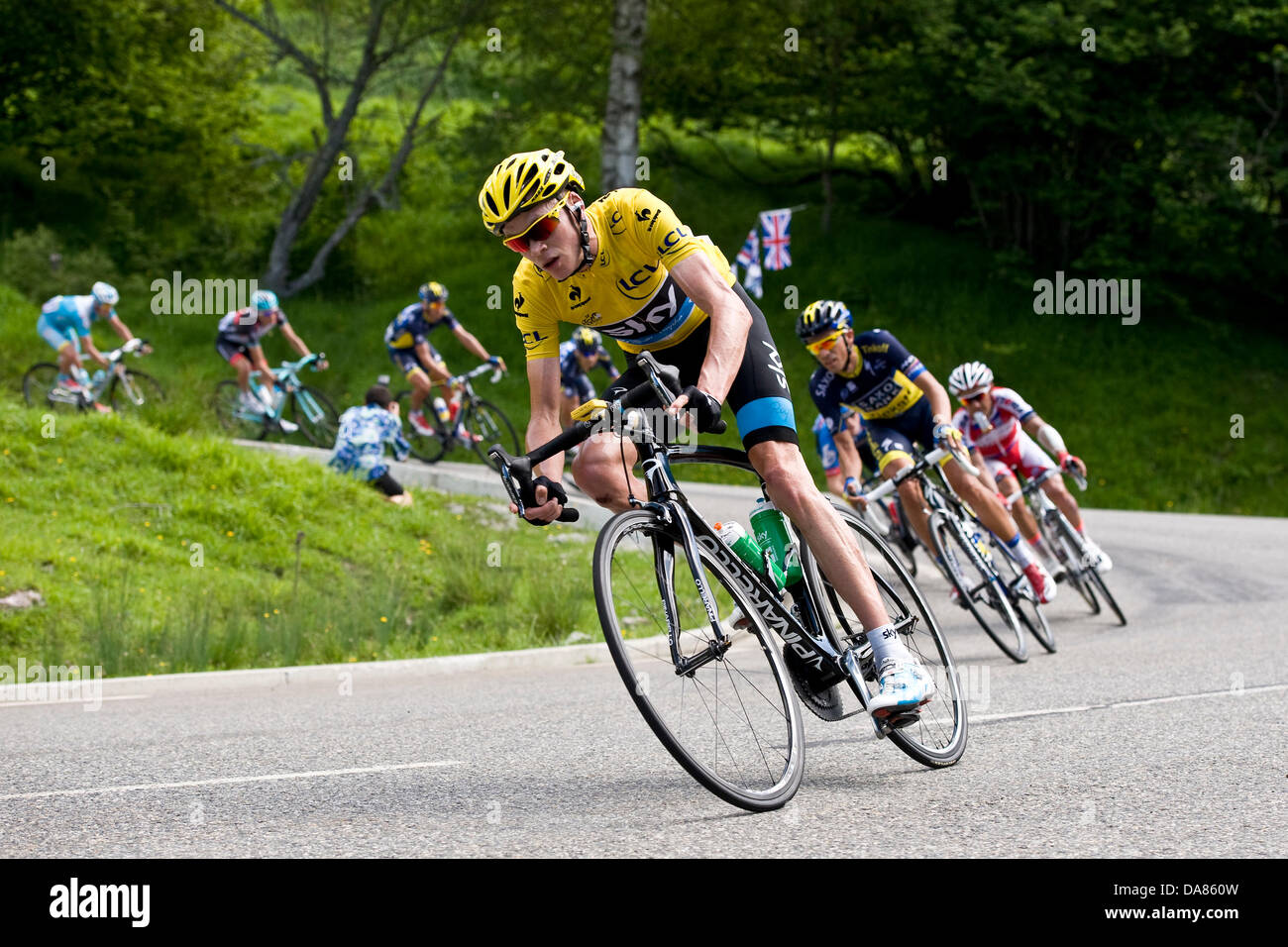 Saint Girons, France. 07Th Juillet, 2013. Chris Froome leaders dans le maillot jaune lors de l'étape 9 du Tour de France à Saint-Girons Bagneres de Bigorre. Credit : Action Plus Sport/Alamy Live News Banque D'Images