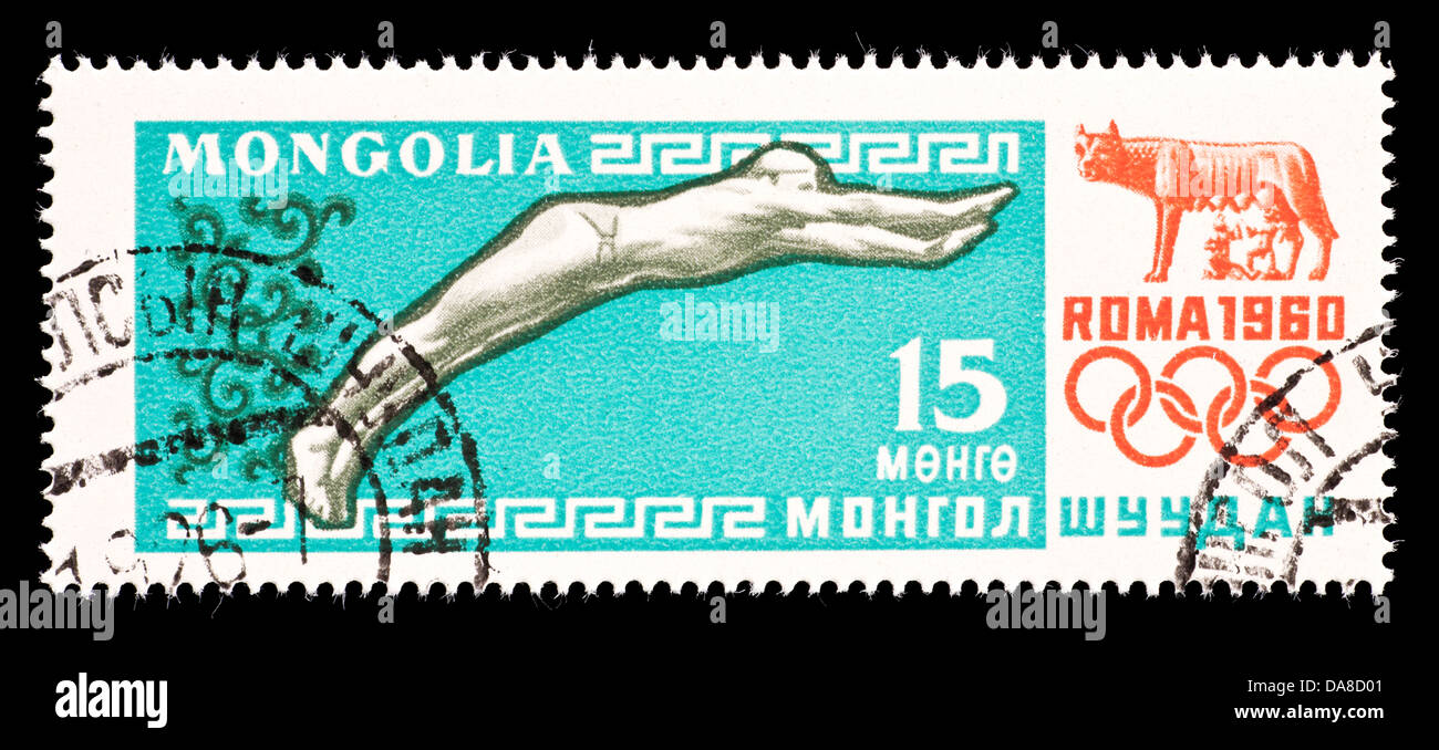 Timbre-poste de la Mongolie représentant un plongeur, émis pour les 1960 Jeux Olympiques d'été de Rome. Banque D'Images