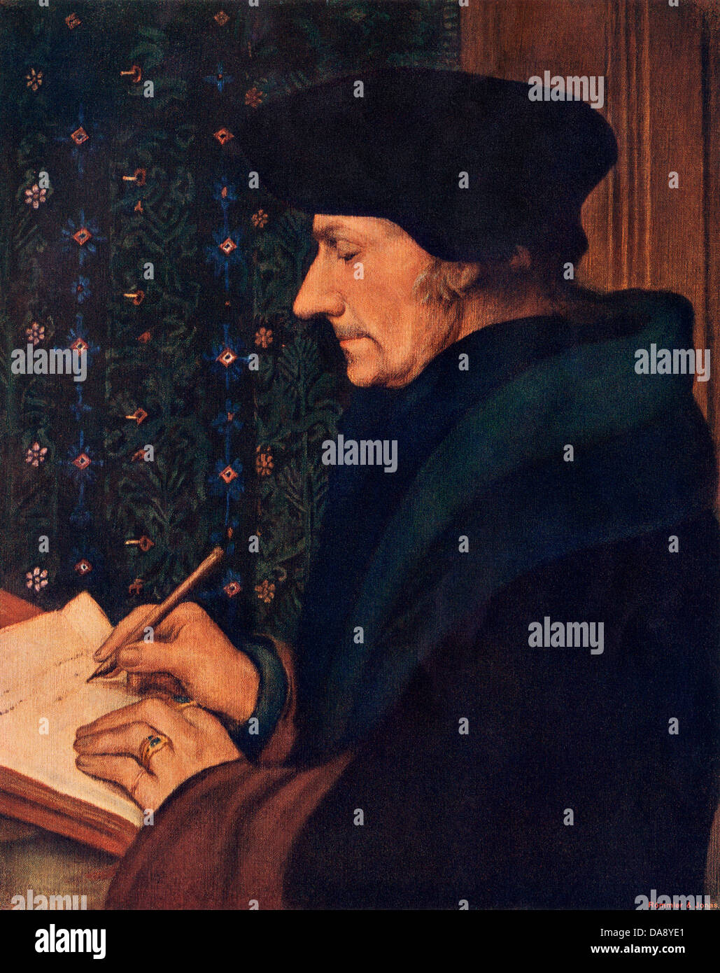 Desiderius Erasmus. La reproduction de demi-teinte couleur du portrait par Holbein Banque D'Images