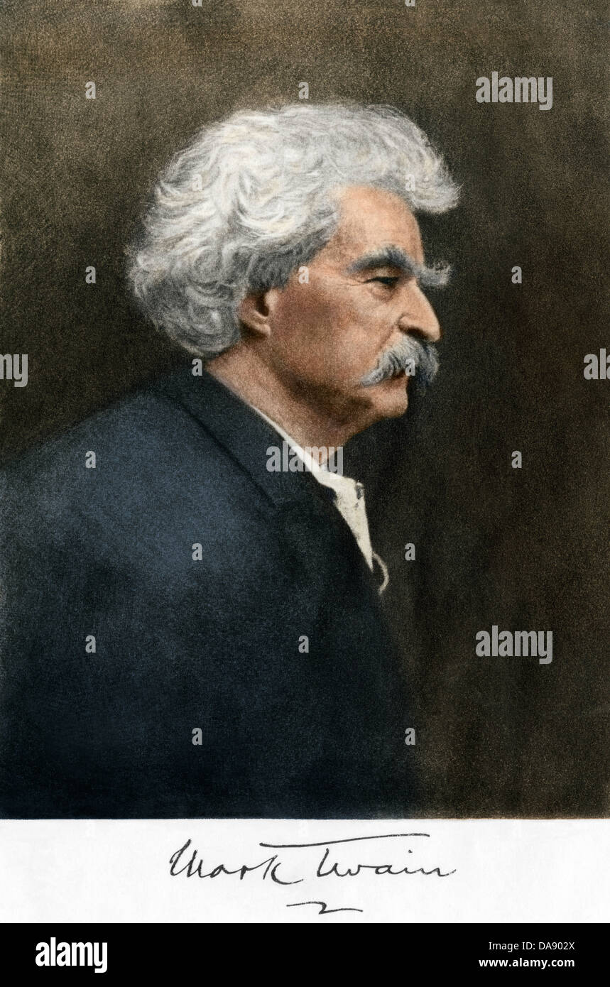 Portrait de Samuel Clemens, Mark Twain avec son autographe. Gravure couleur numérique d'une photographie Banque D'Images