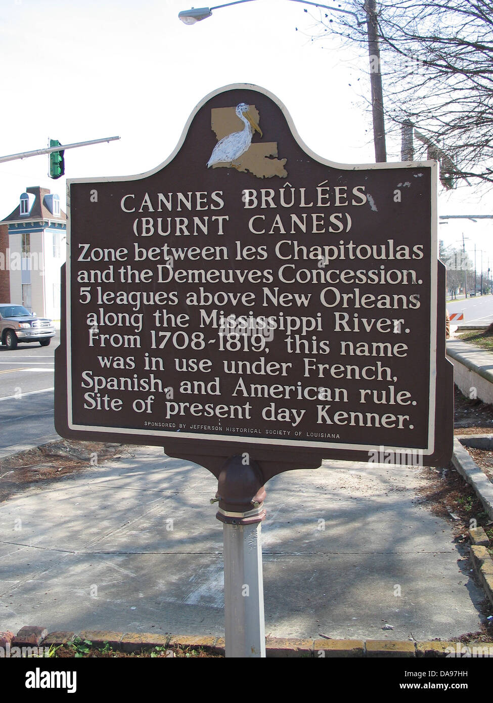 CANNES (Cannes) BRULESS BRÛLÉS Zone entre les Chapitoulas Demeuves et la concession. 5 lieues au-dessus de la Nouvelle-Orléans le long du Mississippi. À partir de 1708-1819, ce nom a été utilisé dans le cadre de français, espagnol, et règle américaine. Emplacement actuel de la zone. Parrainé par la Société historique de Jefferson de la Louisiane. Banque D'Images