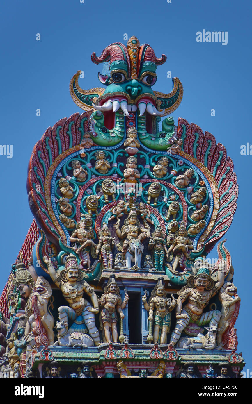 L'Inde, l'Inde du Sud, en Asie, du Tamil Nadu, Madurai, Sri Meenakshi, Temple, Gopuram, détail, l'art, grand, célèbre, colorée, Inde, t Banque D'Images