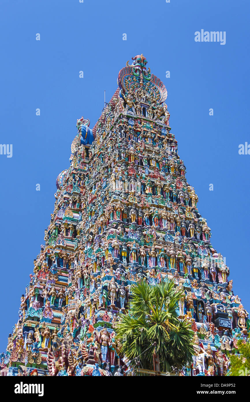 L'Inde, l'Inde du Sud, en Asie, du Tamil Nadu, Madurai, Sri Meenakshi, Temple, Gopuram, art, big, célèbre, coloré, temple dravidien, Banque D'Images