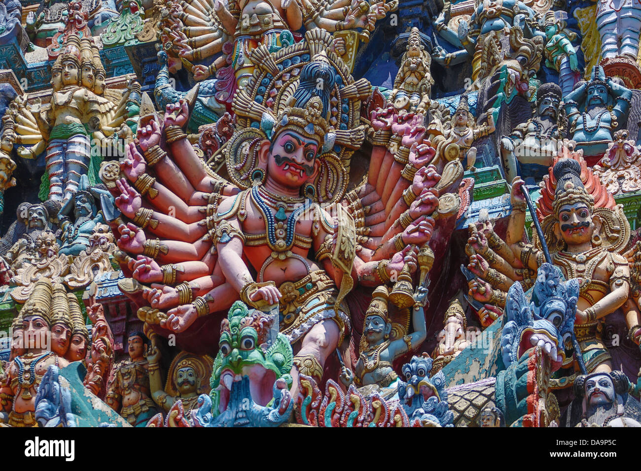 L'Inde, l'Inde du Sud, en Asie, du Tamil Nadu, Madurai, Sri Meenakshi, Temple, Gopuram, détail, l'art, grand, célèbre, colorée, détail, Drav Banque D'Images