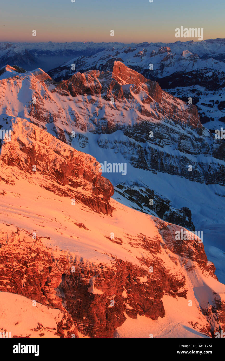 Alpes, alpine glow, d'incandescence, l'Alpstein, gamme, Appenzell, vue, montagne, montagne, sommet, pic, massif, panorama, Saentis, sn Banque D'Images