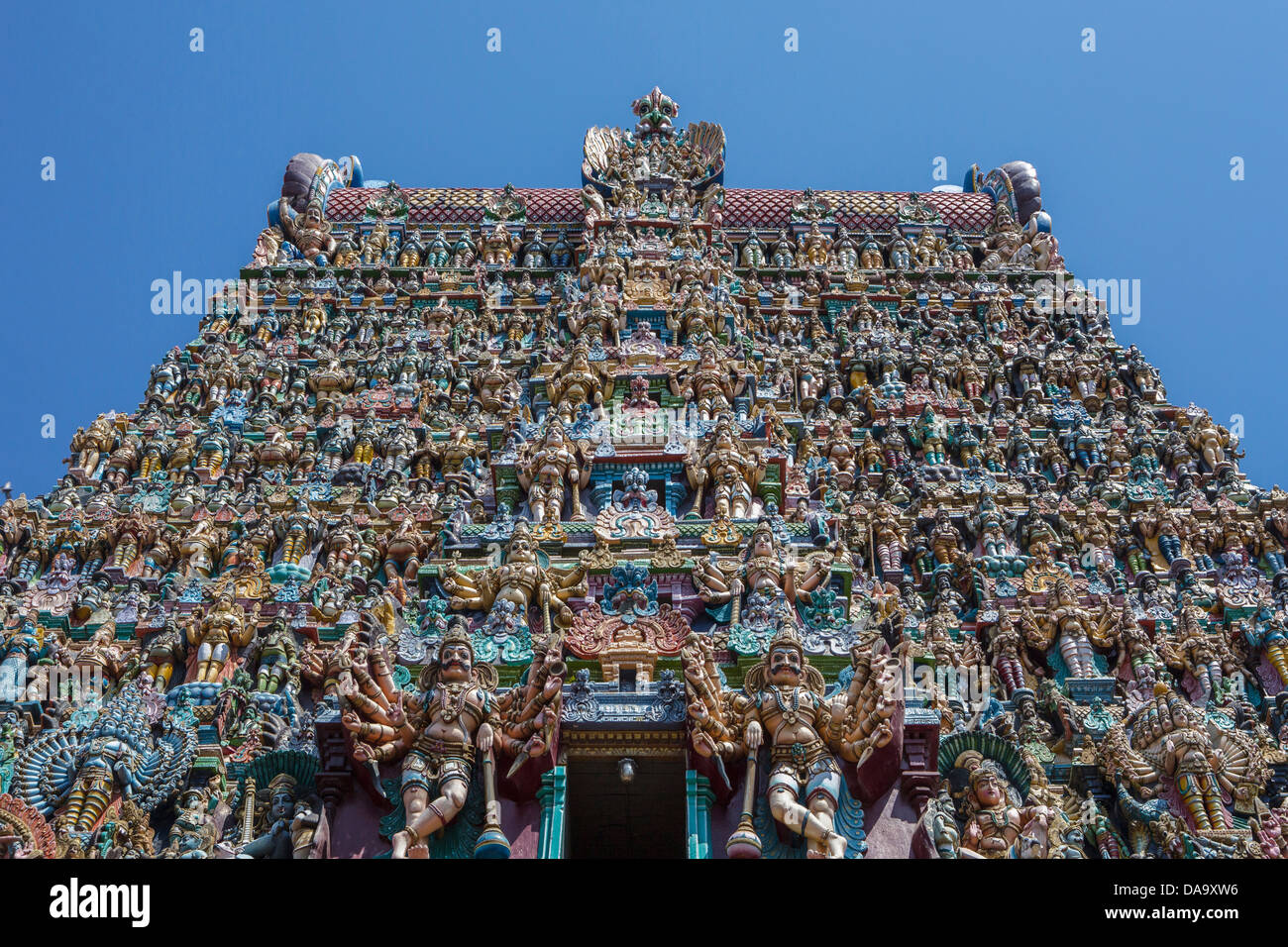 Gopuram, l'Inde, l'Inde, Asie, Sri Meenakshi, Madurai, Tamil Nadu, art, big, célèbre, colorée, détail, Inde, religion, Banque D'Images