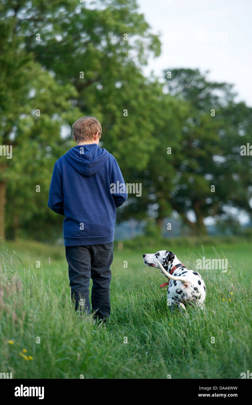 Un jeune garçon se promène avec son animal de compagnie chien Dalmatien. Banque D'Images
