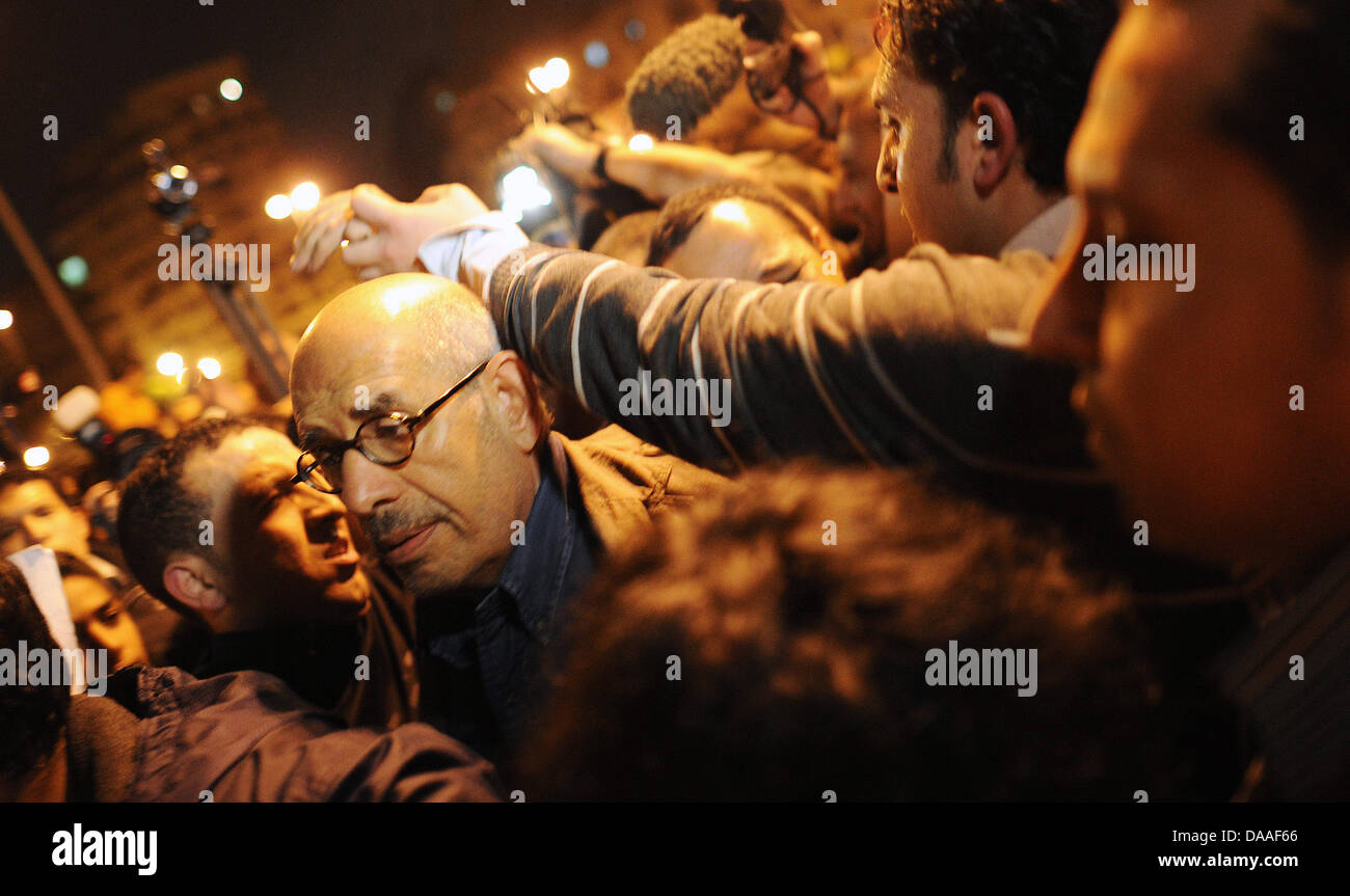 Lauréat du Prix Nobel de la paix égyptien et possible candidat à la présidence Mohamed ElBaradei rejoint les manifestants à la place Tahrir au Caire, Égypte, 30 janvier 2011. Manifestations anti-gouvernementales en Egypte continuent. Photo : HANNIBAL HANSCHKE Banque D'Images