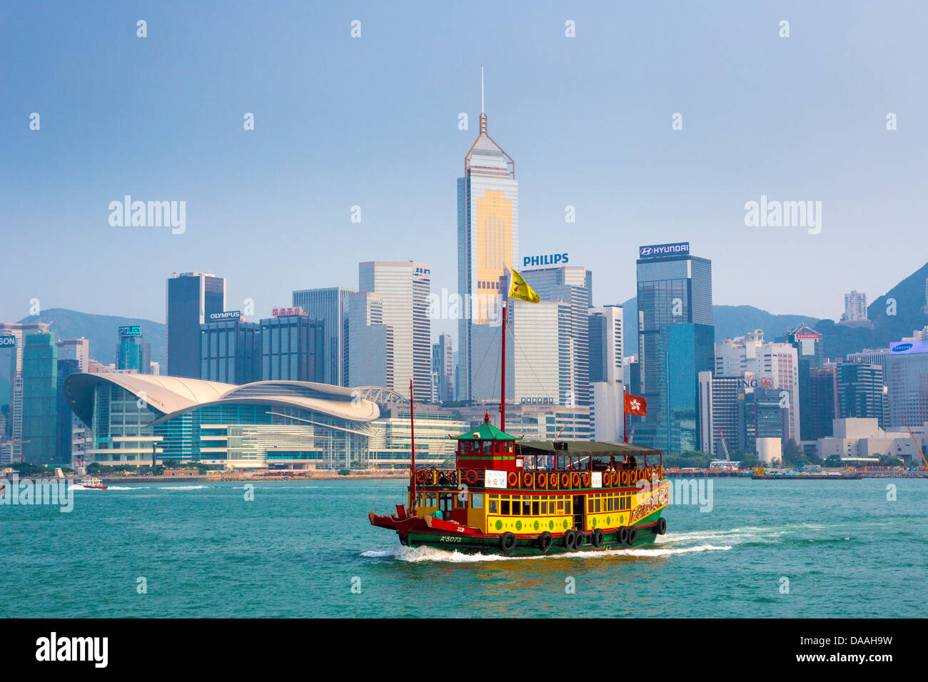 Hong Kong, Chine, Asie, Ville, Ferry, l'architecture, 22, bateau, Skyline, des gratte-ciel, soir, crépuscule, Wanchai, Banque D'Images