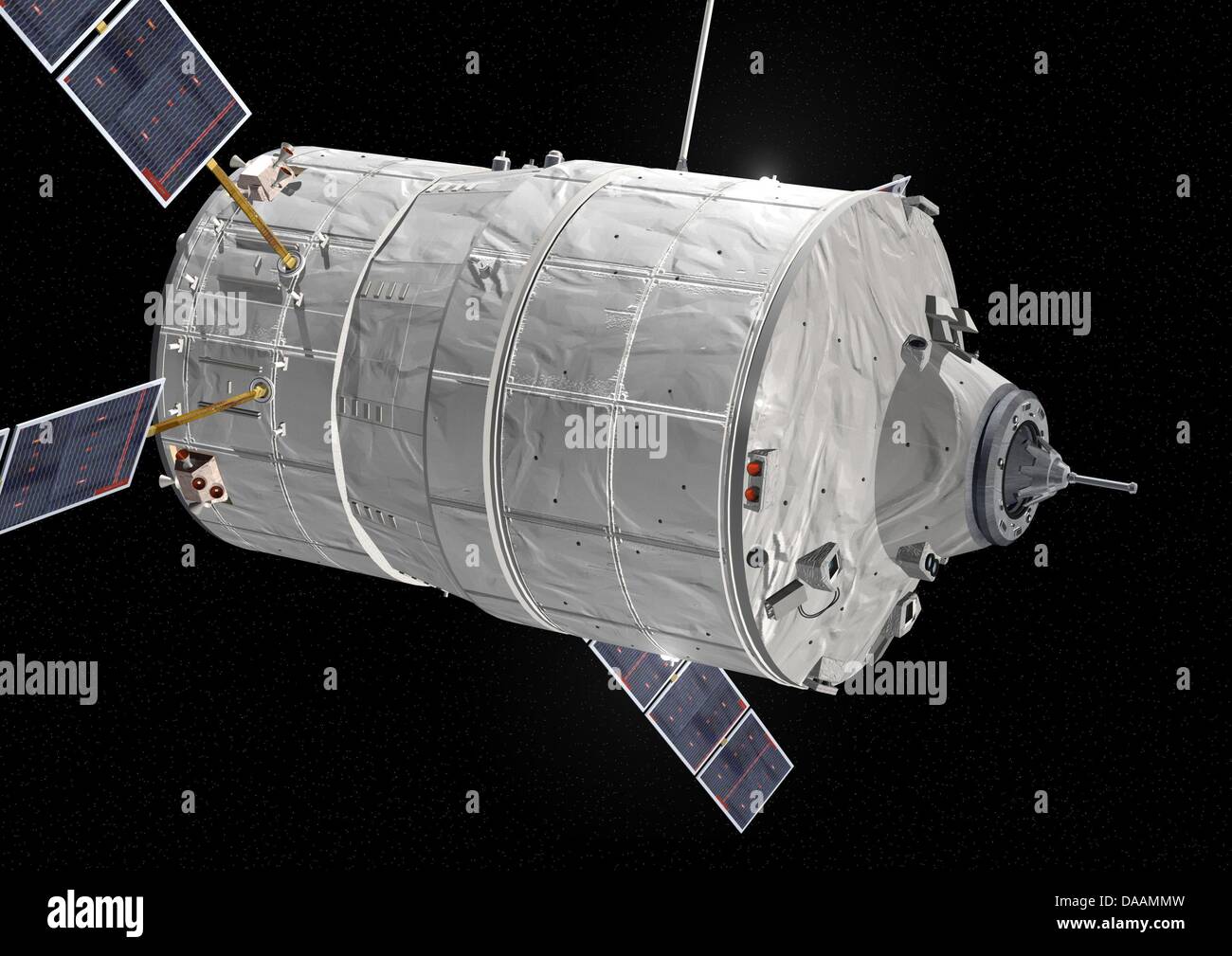 Une image de synthèse non datée de ravitaillement en marchandises sans pilote européen 'L'engin spatial ATV Johannes Kepler-2' dans l'orbite de la terre. Le 15 février 2011, l'engin sera lancé sur circuits imprimésb une fusée Ariane 5ES à quai à la Station spatiale internationale ISS huit jours plus tard. Il est actuellement en cours de préparation pour le lancement au Centre Spatial Guyanais (Guyane française). Photo : EADS Astrium / Silicium Banque D'Images