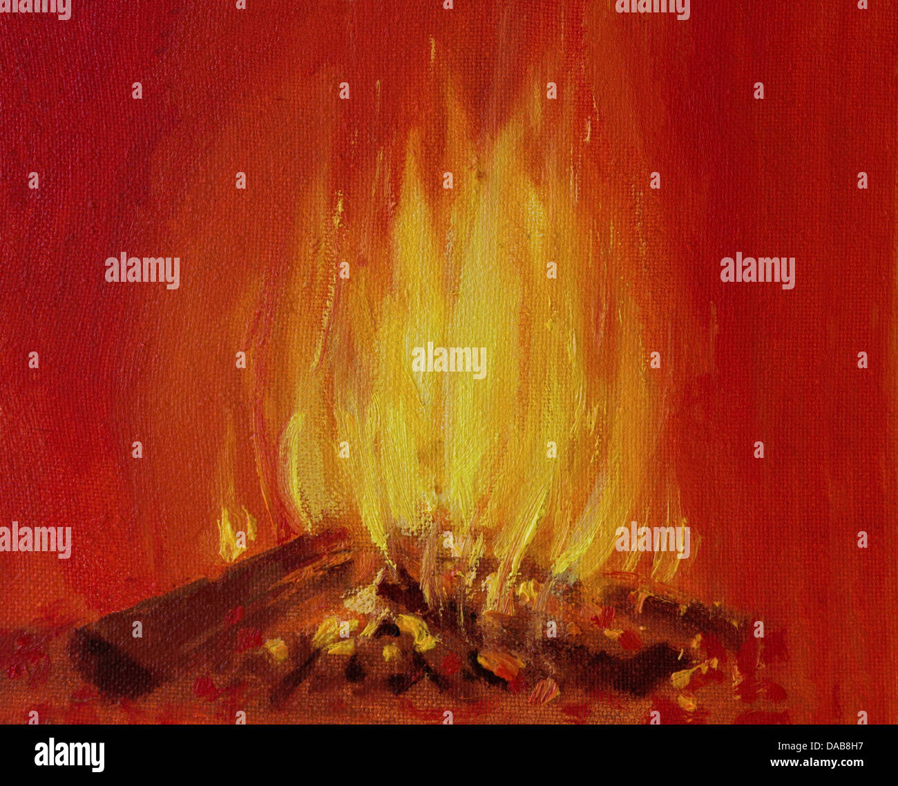 Une peinture à l'huile sur toile d'un feu brûlant dans une cheminée, sur un fond rouge vif. Banque D'Images