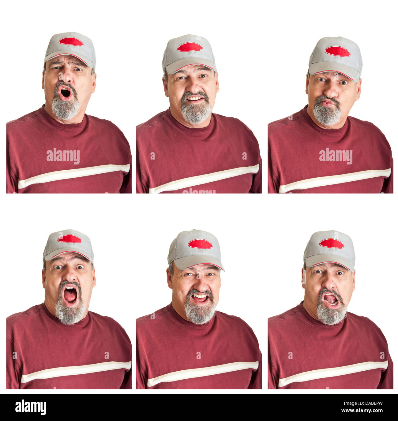 Collection de six expressions variées sur un homme mûr isolé sur fond blanc. Banque D'Images