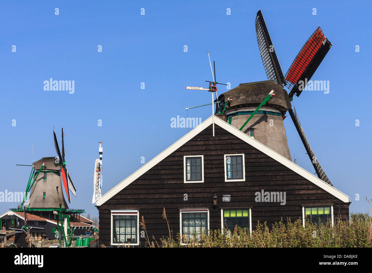 Les moulins à vent historiques et maisons à Zaanse, sur la rivière Zaan, près d'Amsterdam, Amsterdam, Hollande du Nord, Pays-Bas Banque D'Images