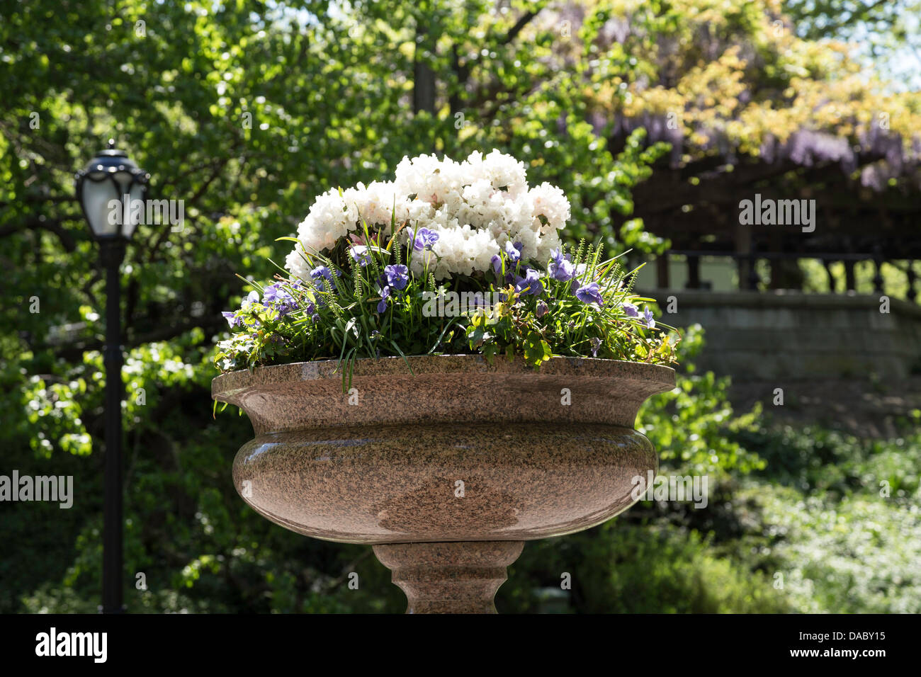 Fleurs dans l'Urne près du kiosque, Central Park, NYC Banque D'Images