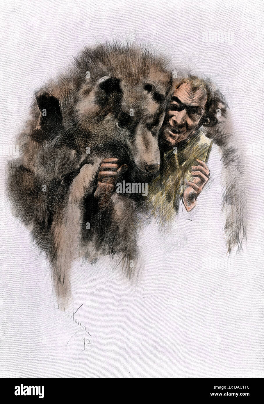 Loup-garou, un loup-garou, légende canadienne-française des années 1800. À la main, gravure sur bois Banque D'Images