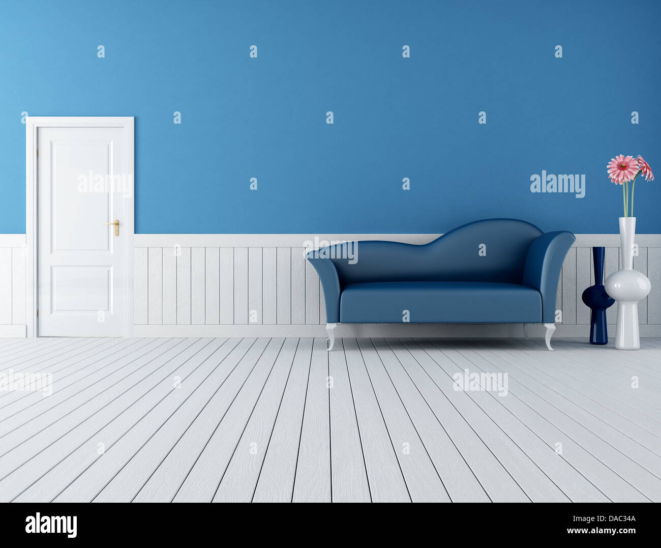 Canapé bleu moderne dans un intérieur rétro avec plank plancher bois-rendering Banque D'Images