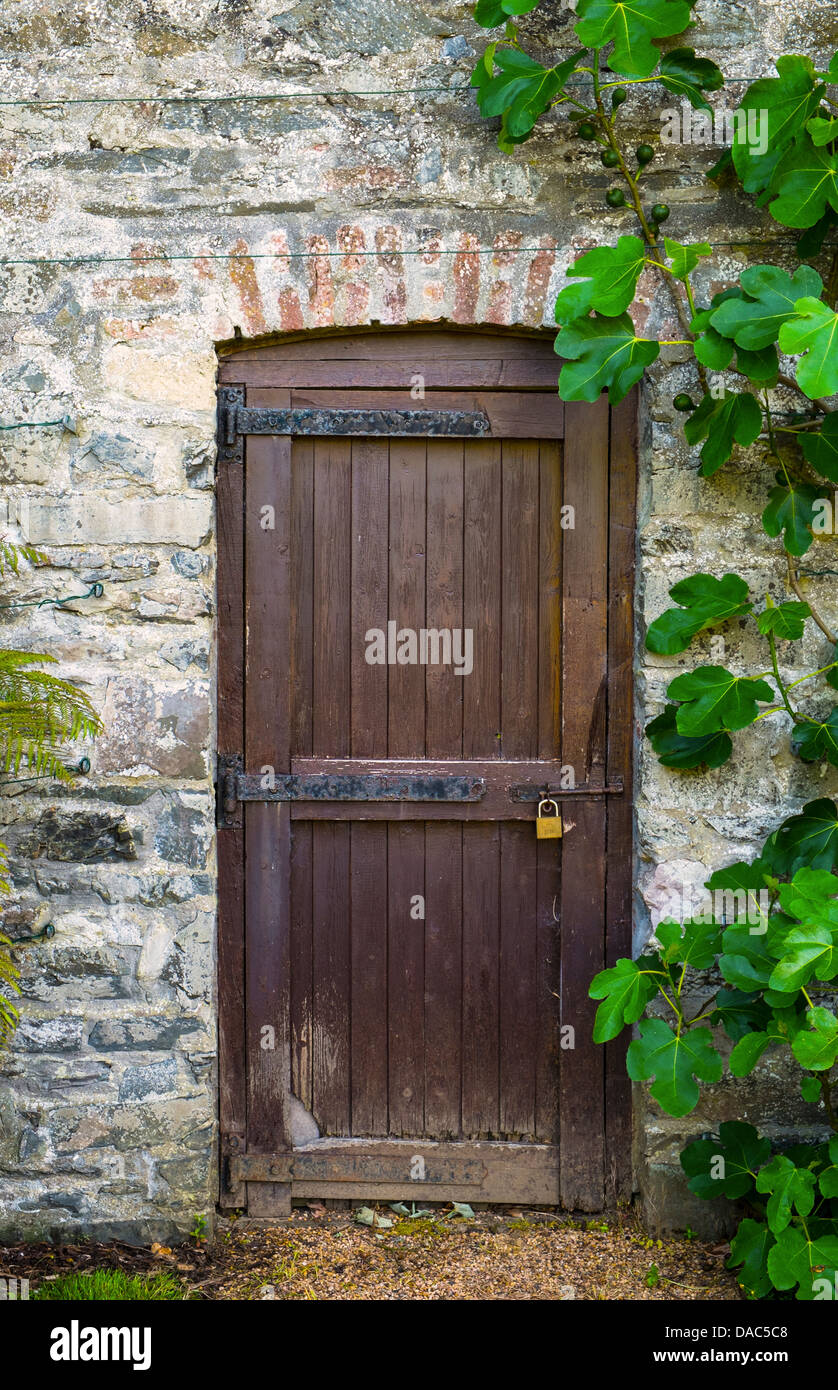 Vieux Mur de pierre - porte en bois cadenassée dans le vieux mur de jardin Banque D'Images