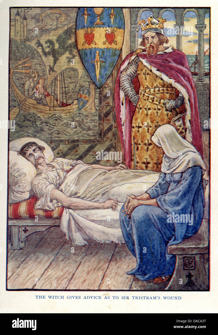 La sorcière donne des conseils au roi Arthur comme le Sir Tristram's plaie, par Walter Crane Banque D'Images