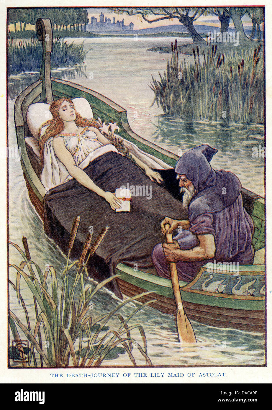 Le voyage de la mort de Lily Maid of Astolat, chevaliers du roi Arthur, Walter Crane Banque D'Images