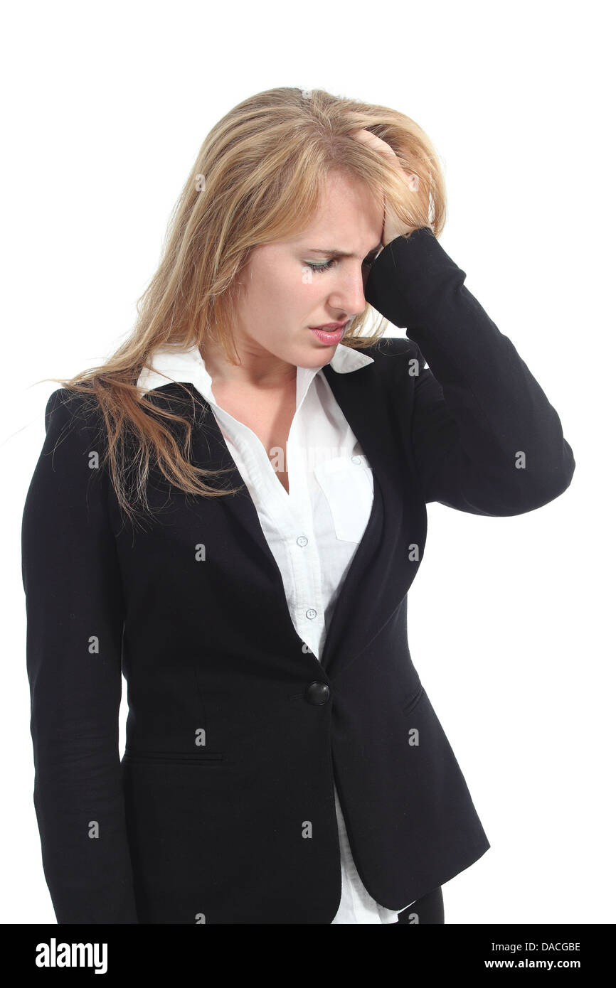 Souligné businesswoman with her hand in front isolé sur fond blanc Banque D'Images
