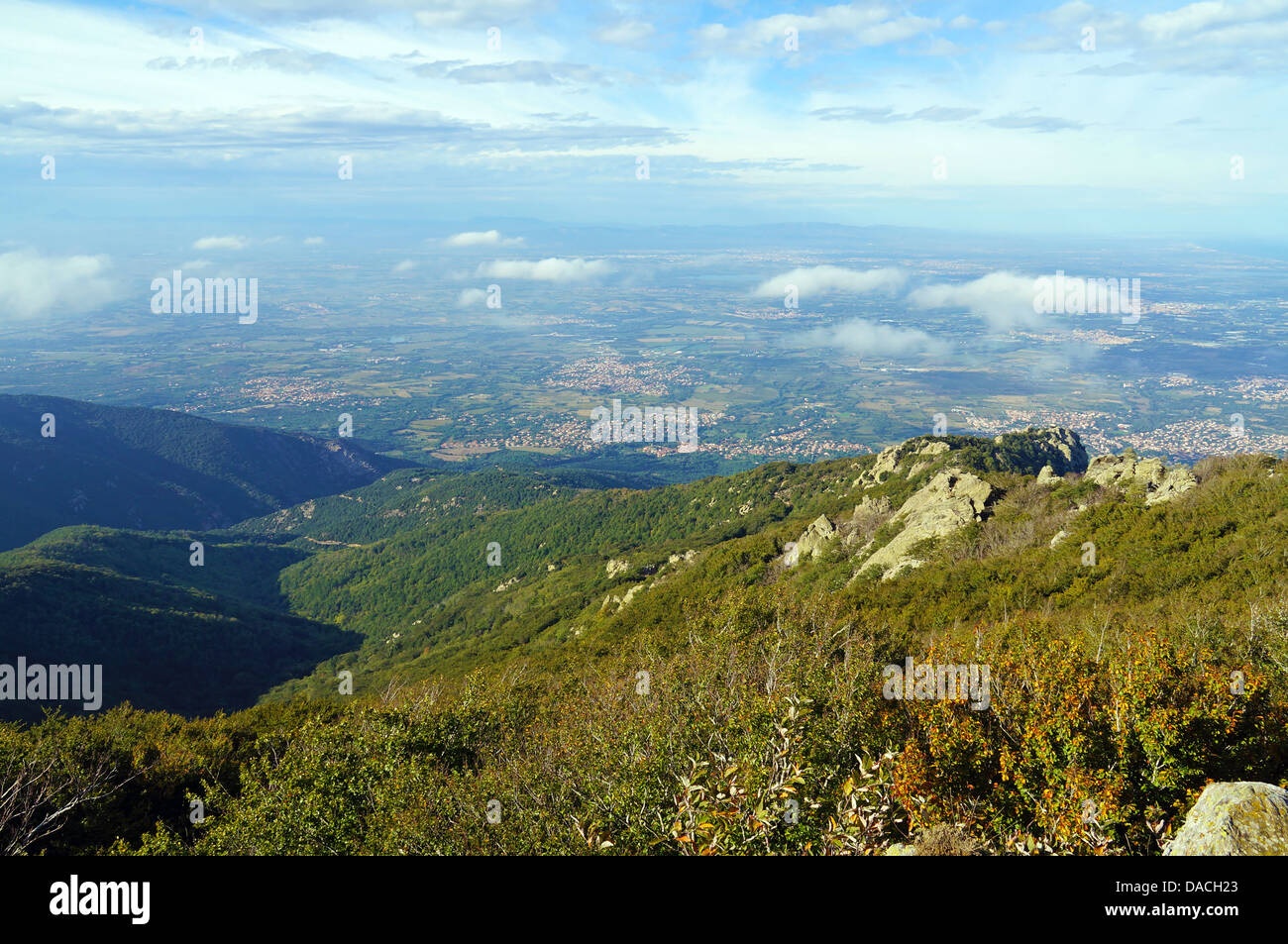 Vue depuis le massif des Albères sur la plaine du Roussillon , Pyrenees Orientales, Languedoc-Roussillon, France Banque D'Images