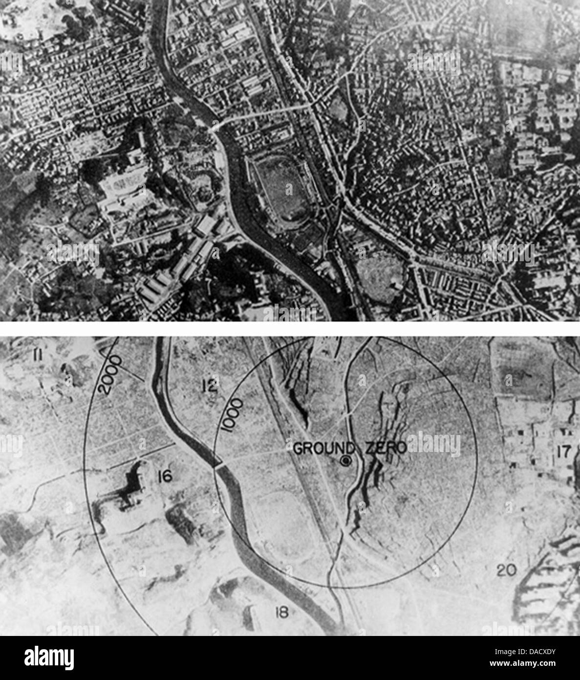 NAGASAKI montrant ville avant et après l'attaque de la bombe atomique du 9 août 1945 Banque D'Images