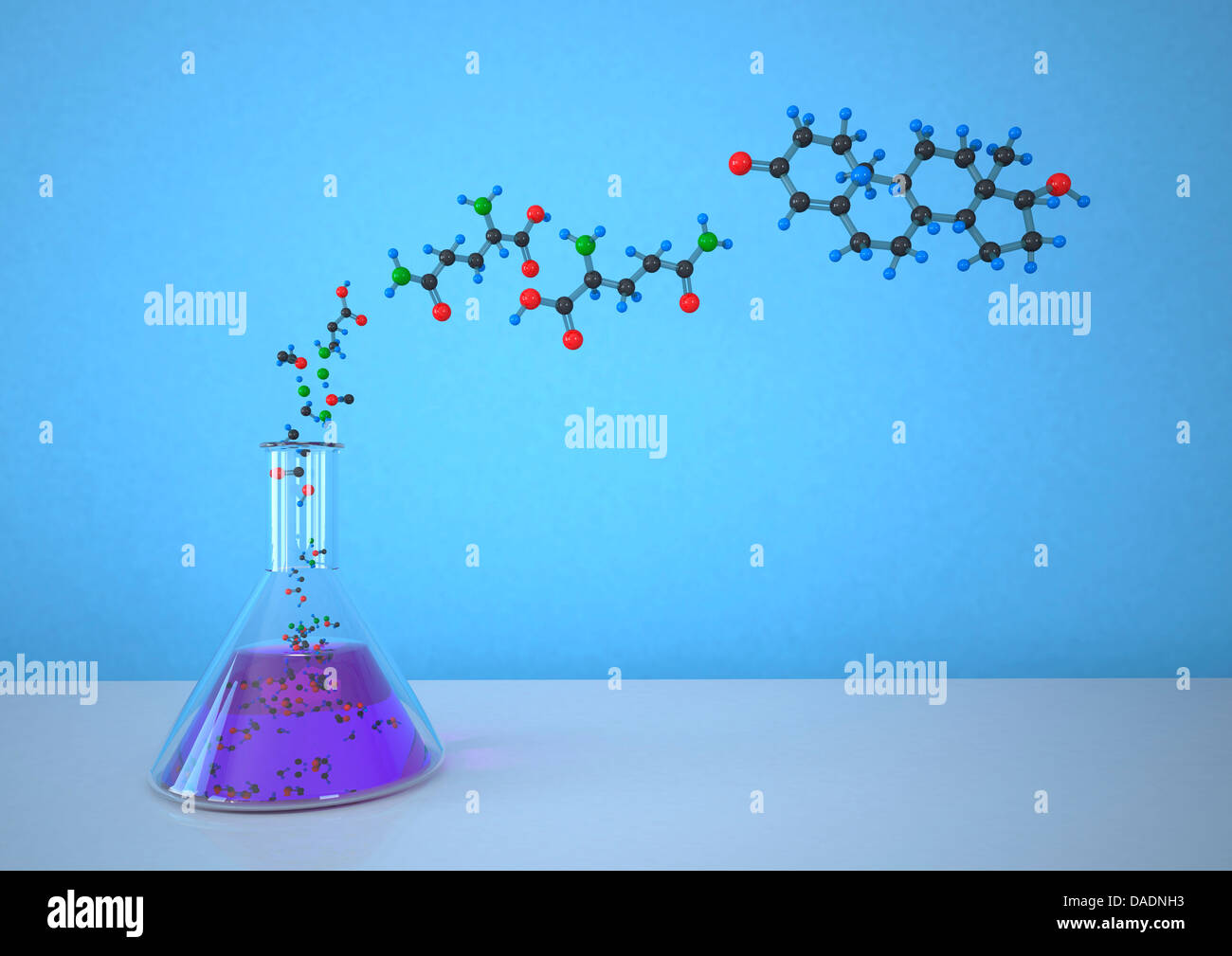 Fiole conique avec structure moléculaire contre fond bleu Banque D'Images