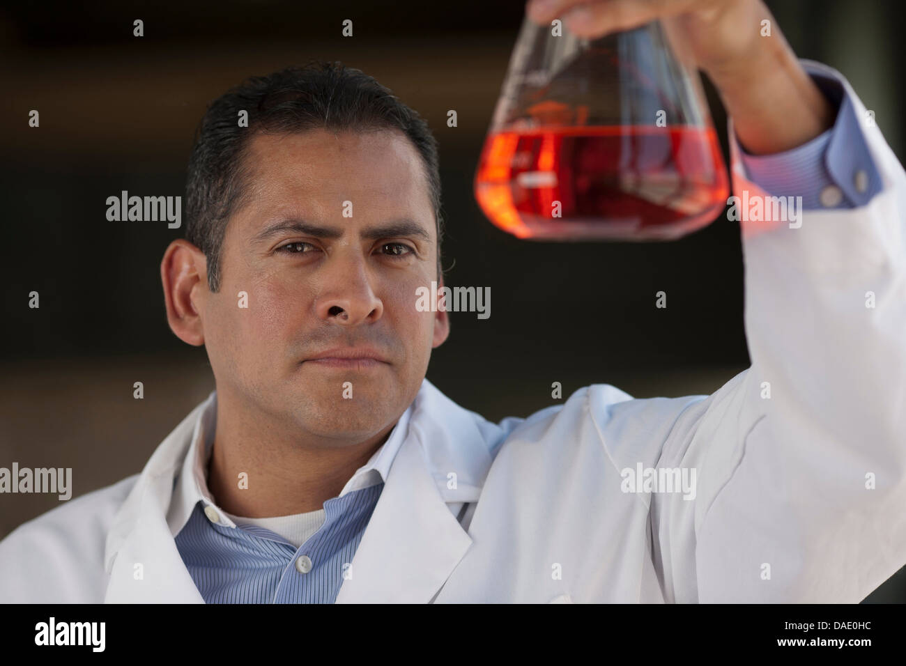 Mature scientist looking at liquid fiole en Banque D'Images
