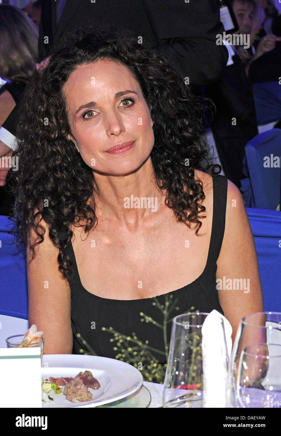 L'actrice américaine Andie MacDowell sourit au cours de l'Hermes Eagles Presidents Cup 2011 Gala du Robinson Club près de Faro, Portugal, 19 novembre 2011. Des stars du sport, du cinéma et de la science a joué cette saison de golf pour autour de 850 000 euros pour les bonnes causes. Photo : Ursula Dueren Banque D'Images