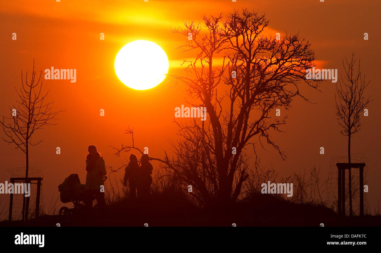 Une femme marche avec ses deux enfants le long d'un chemin de campagne en face de la toile d'un romatnic evenbing ciel près Petersdorf, Allemagne, 21 février 2011. Photo : Patrick Pleul Banque D'Images