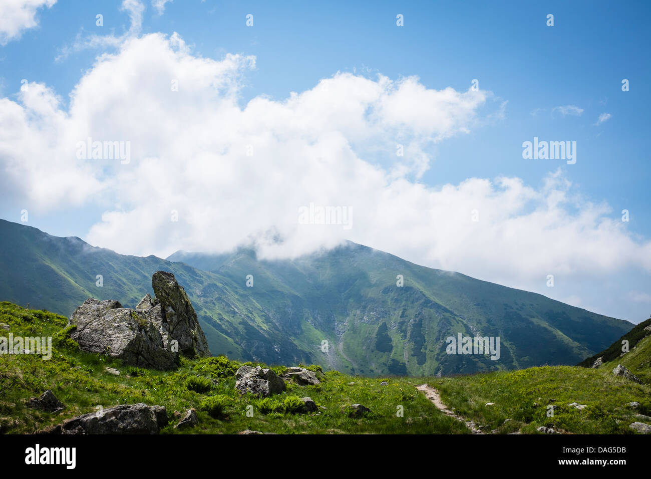 Montagne L'été avec l'herbe verte, ciel bleu, et un sommet dans les nuages Banque D'Images