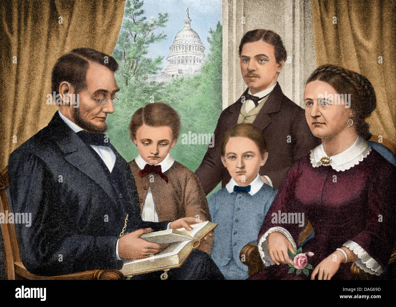 Le président Abraham Lincoln et sa famille la lecture d'un livre à la Maison Blanche. Demi-teinte de couleur numérique d'une illustration Banque D'Images