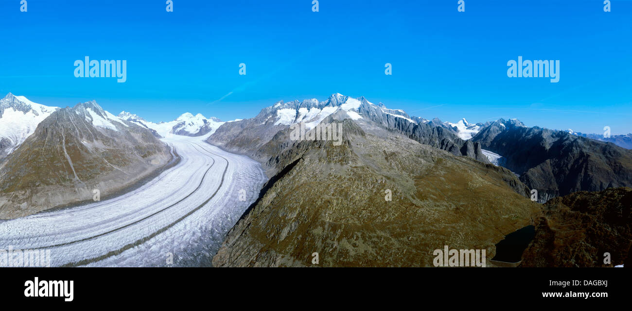 La région de Glacier d'Aletsch avec Aletschhorn, Dreieckhorn, Jungfrau, Moench, Gruenhorn Fiescherhorngruppe, et Fieschergletscher, Suisse, Valais, Valais, Aletschgebiet Banque D'Images