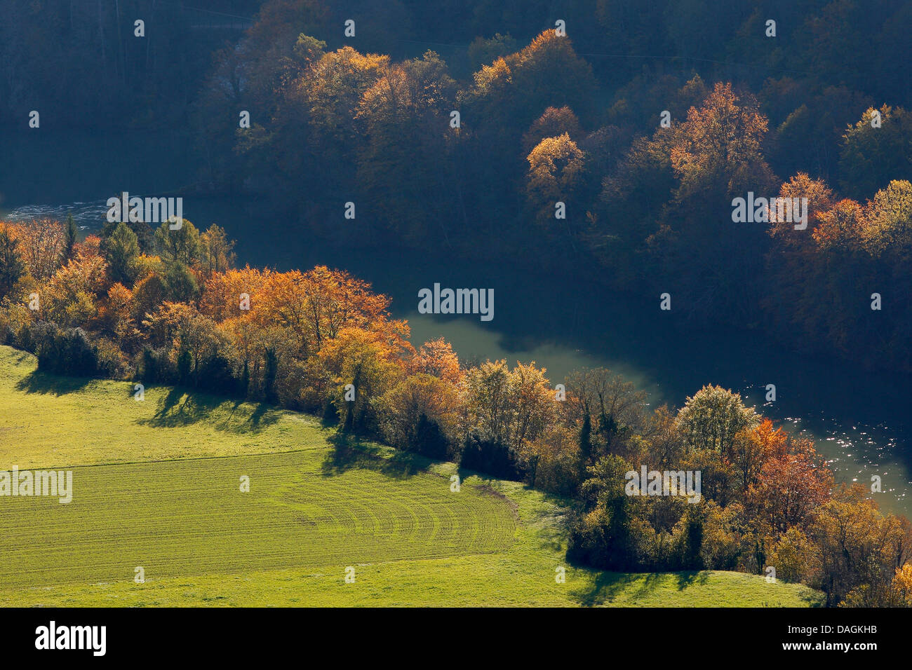 Les arbres d'automne sur la rive, France, Aiguilles d'Arves Banque D'Images