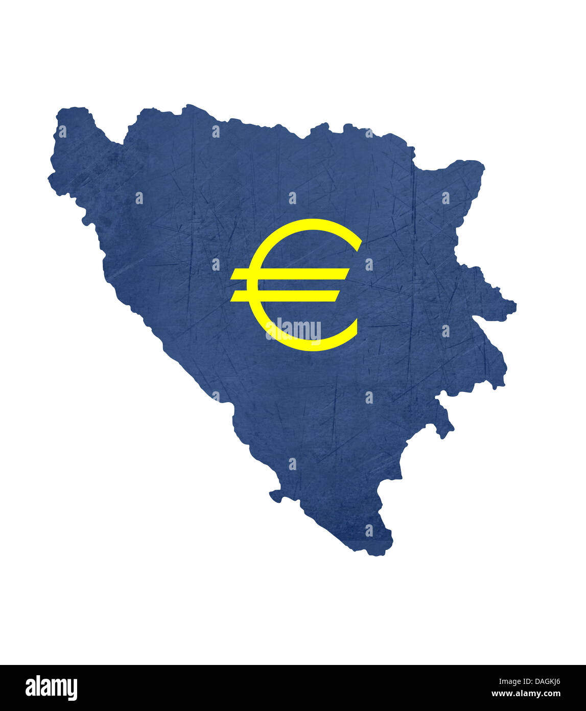 Symbole monétaire européenne sur la carte de la Bosnie-et-Herzégovine isolé sur fond blanc. Banque D'Images
