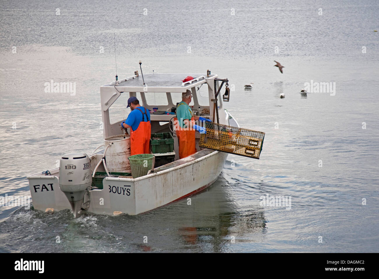 Pêche à la faucheuse avec deux pêcheurs de contrôler leurs casiers à homard, USA, Maine, Breakwater Lighthouse , Rockport Banque D'Images