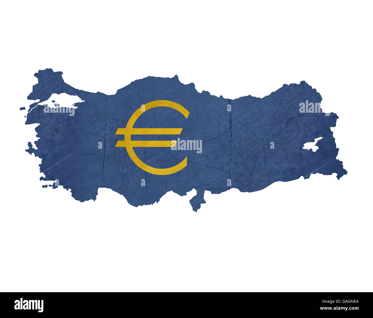 Symbole monétaire européenne sur la carte de Turquie isolé sur fond blanc. Banque D'Images