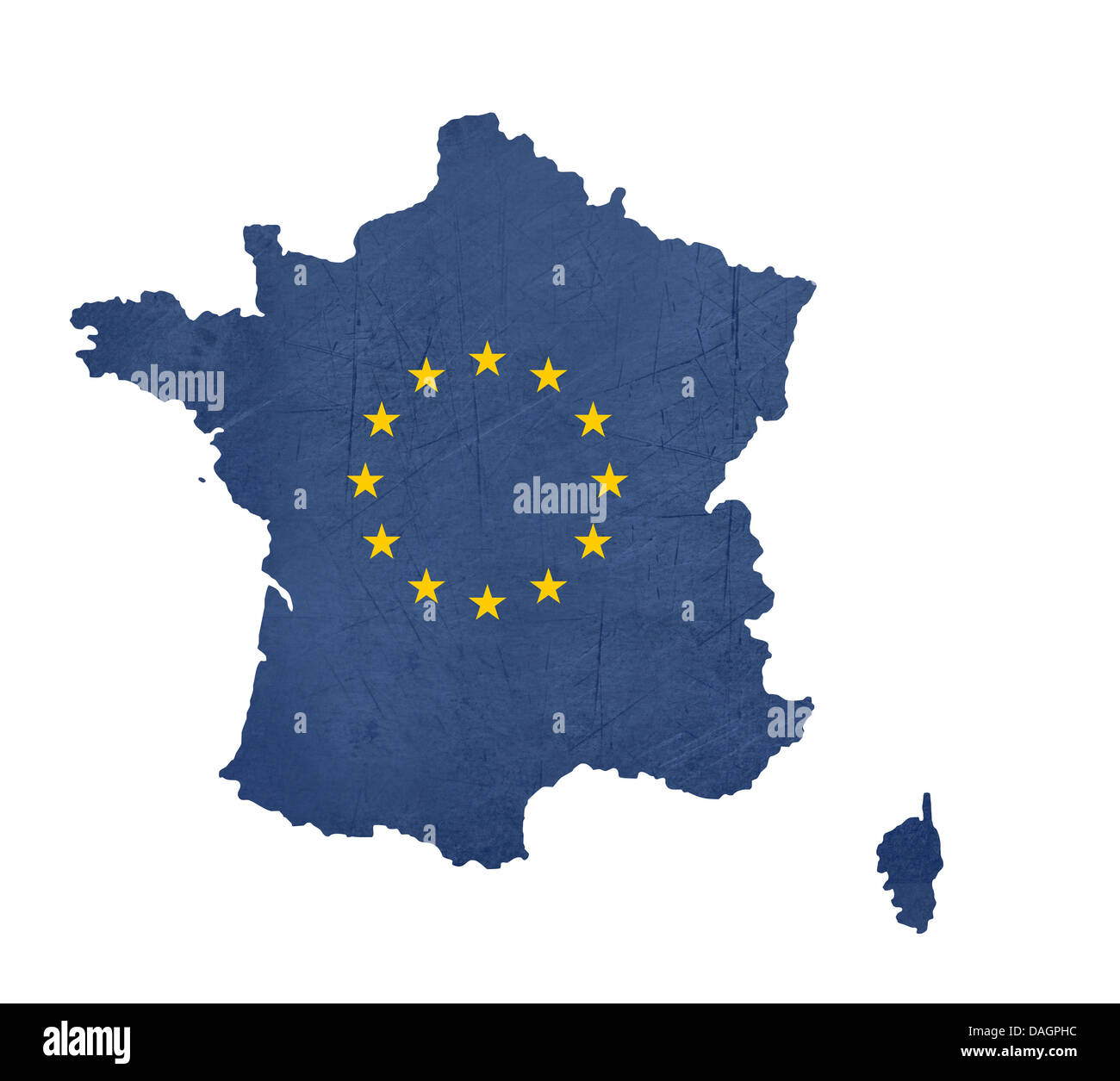 Drapeau européen carte de France isolé sur fond blanc. Banque D'Images