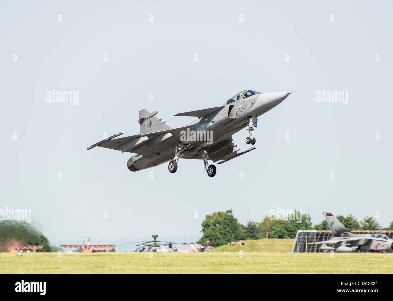 Saab Gripen JAS39C un avion de chasse de la Force aérienne tchèque prend son envol à l'affichage à l'Air Show 2013 Waddington Banque D'Images