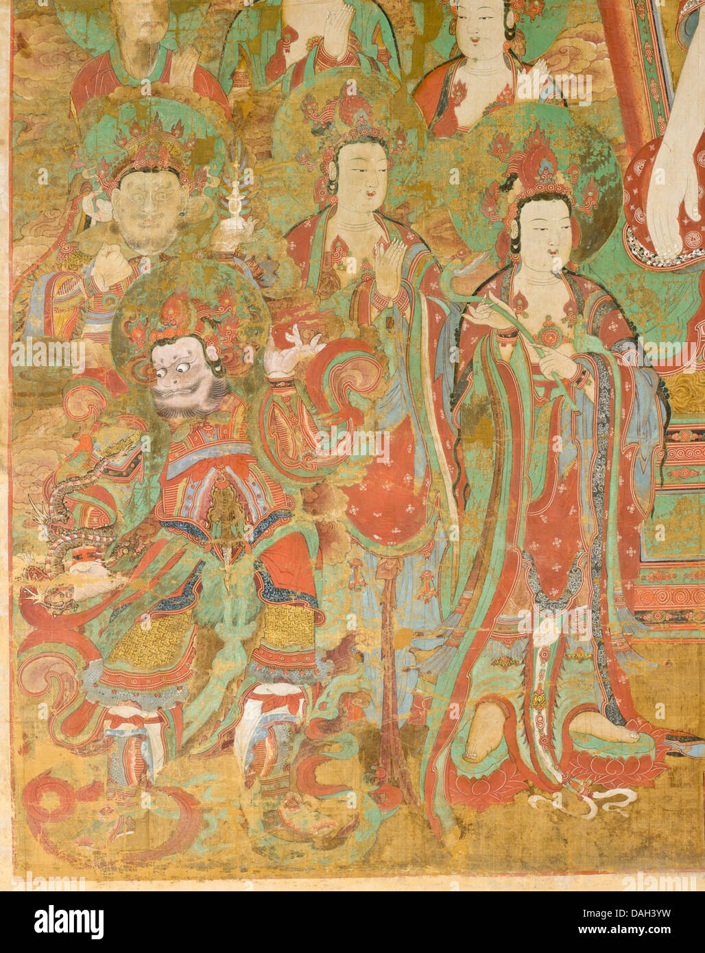 Une représentation du Bouddha Seokgamoni (Shakyamuni) prêchant à son Assemblée sur le pic Vulture. Cette œuvre met en évidence la signification des enseignements bouddhistes dans un cadre sacré. Banque D'Images Une représentation du Bouddha Seokgamoni (Shakyamuni) prêchant à son Assemblée sur le pic Vulture. Cette œuvre met en évidence la signification des enseignements bouddhistes dans un cadre sacré. Banque D'Images