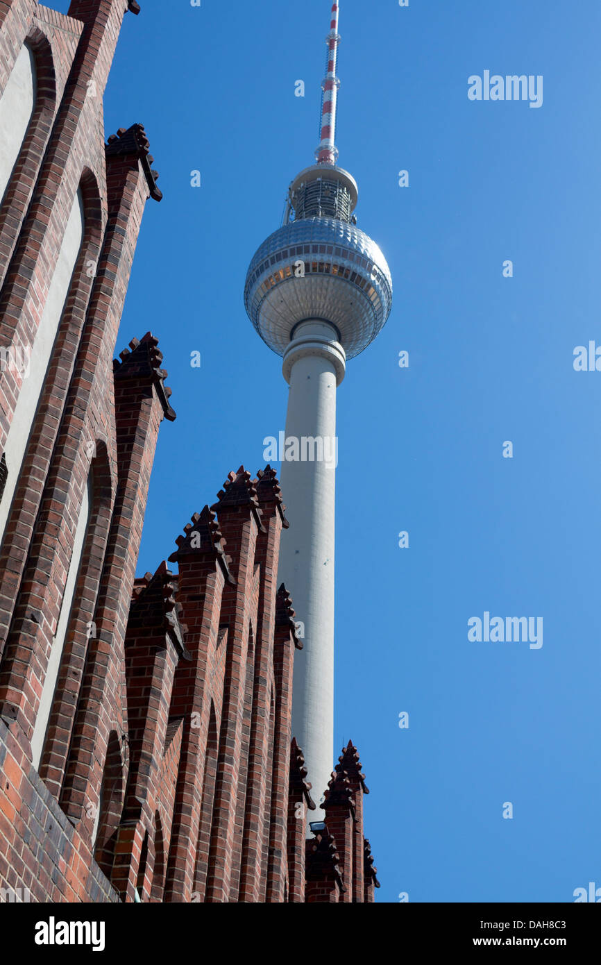 Fernsehturm, la tour de télévision et d'une partie du en premier plan Marienkirche Allemagne Berlin Mitte Banque D'Images