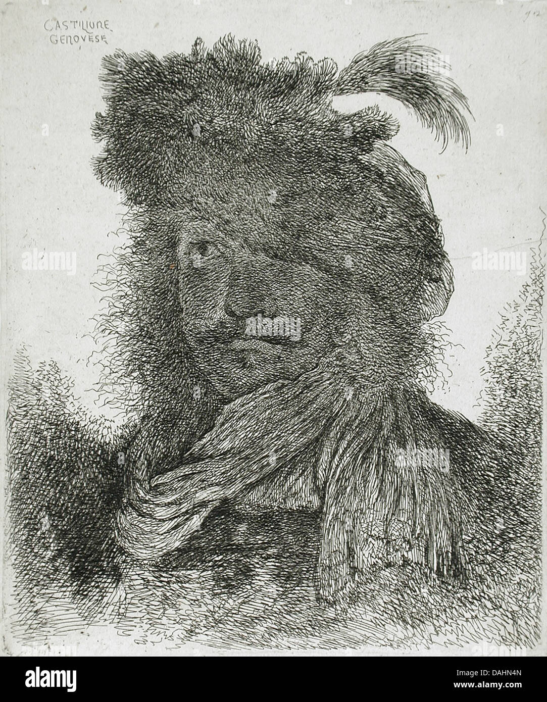 Un homme portant un chapeau de fourrure à plumes et un foulard LACMA AC1997.177.3 Banque D'Images